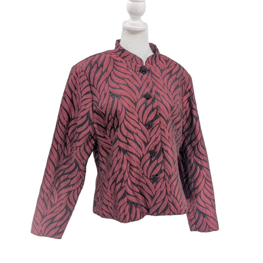 Dressbarn Red Black Glitter Leaf  Blazer Jacket Fancy Button Front Size Large